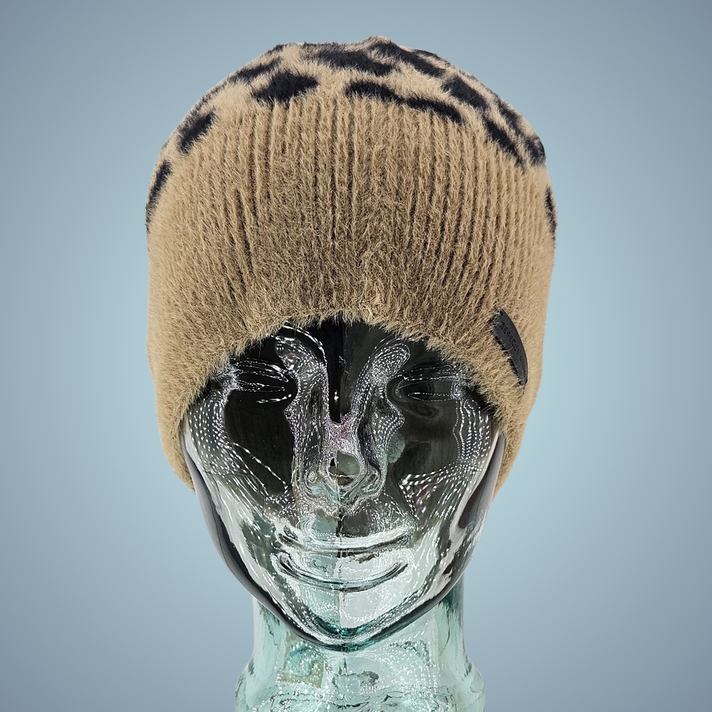 Rebecca Minkoff Hat Beanie Natural Leopard Print Cottagecore Fuzzy Classic Gift